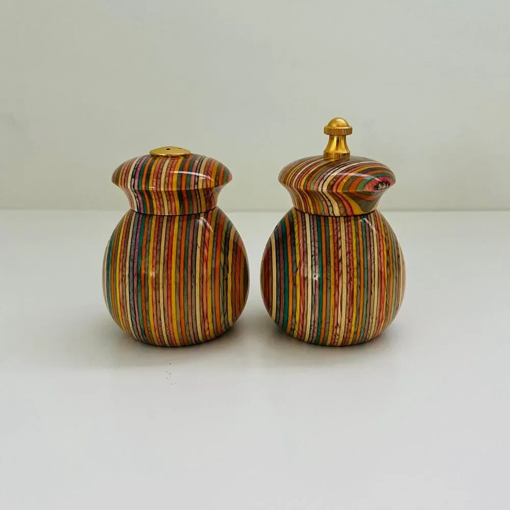 MR. DUDLEY Rainbow Striped Laminated Wood Gold Hardware Salt & Pepper Shakers